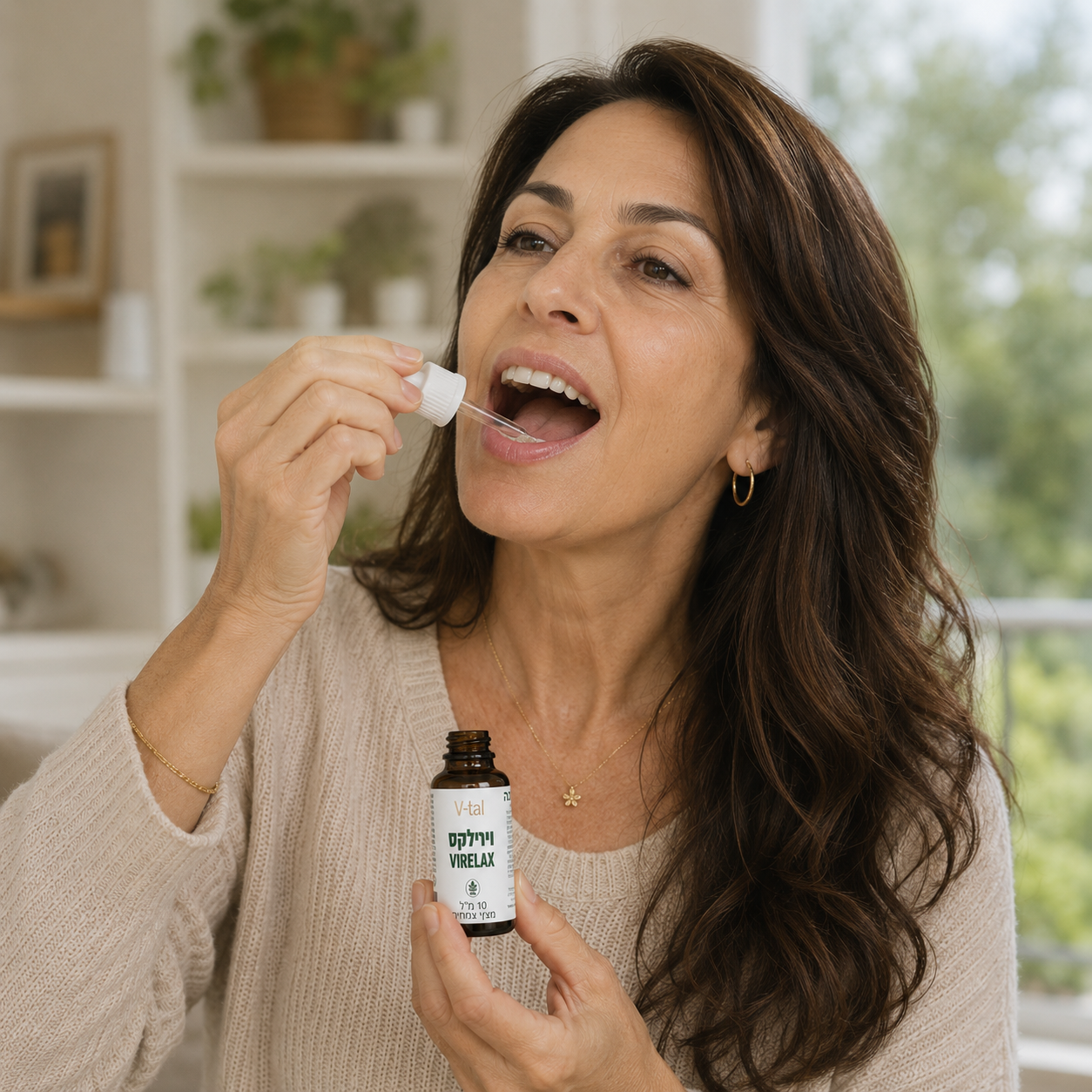 Woman applying a dropper to her lips with a bottle labeled 'Vitale' in a home setting.
